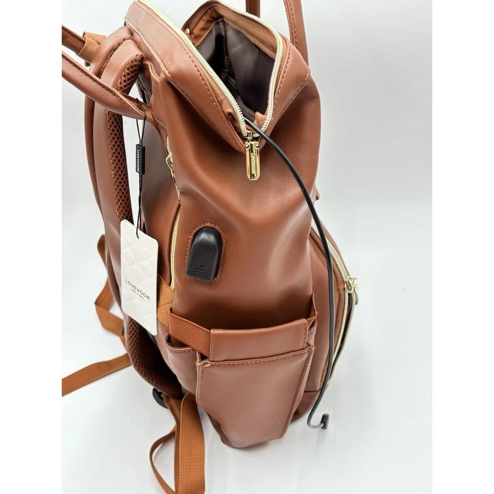 LOVEVOOK Brown Faux Leather Laptop Backpack USB Work Travel‎ Bag Multi Pocket